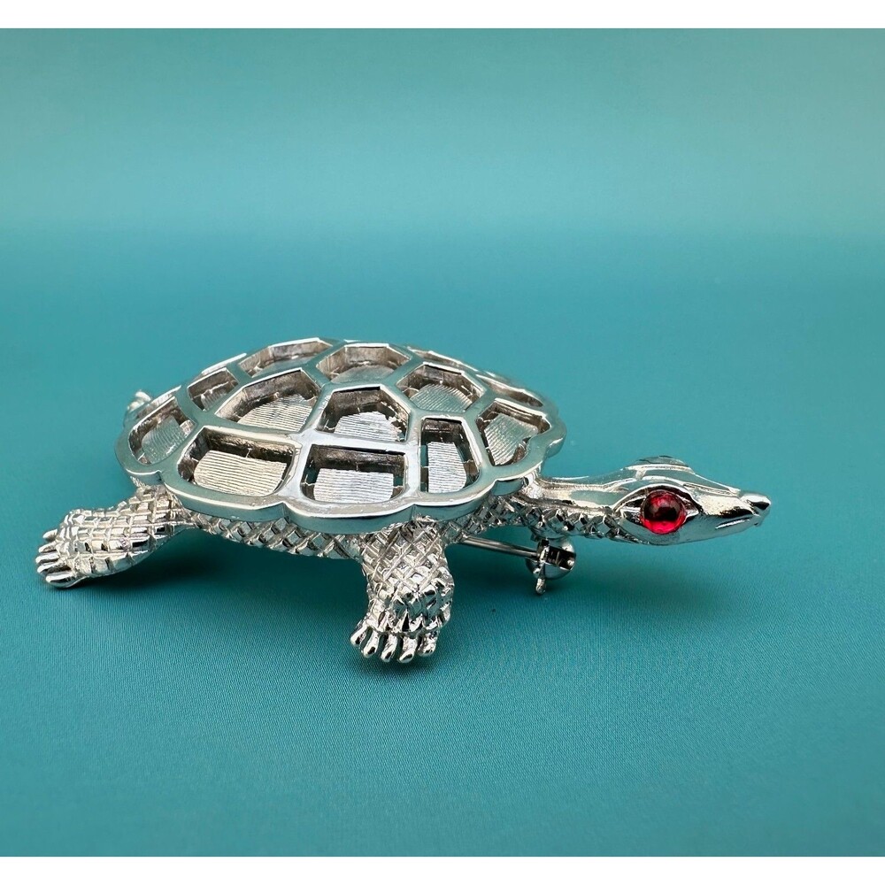 Vintage Trifari Turtle Brooch Silver Tone Red Glass Eyes Figural Ark Series 2.5"